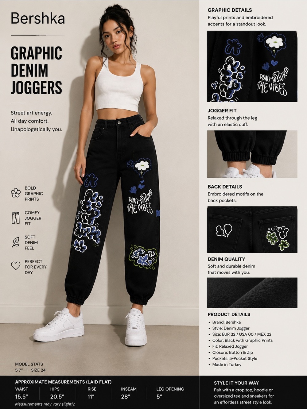 Bershka Graphic Denim Joggers – Size EUR 32 / USA 00